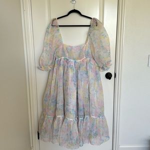 Selkie Floral Sweetcorn French Puff Dress Medium M Organza Puffy Sleeves Ruffles